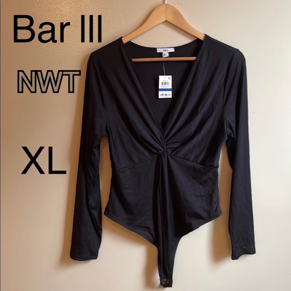 Bar III Other - NWT (XL) black bodysuit twist knot thong snap close pull on long sleeve v neck